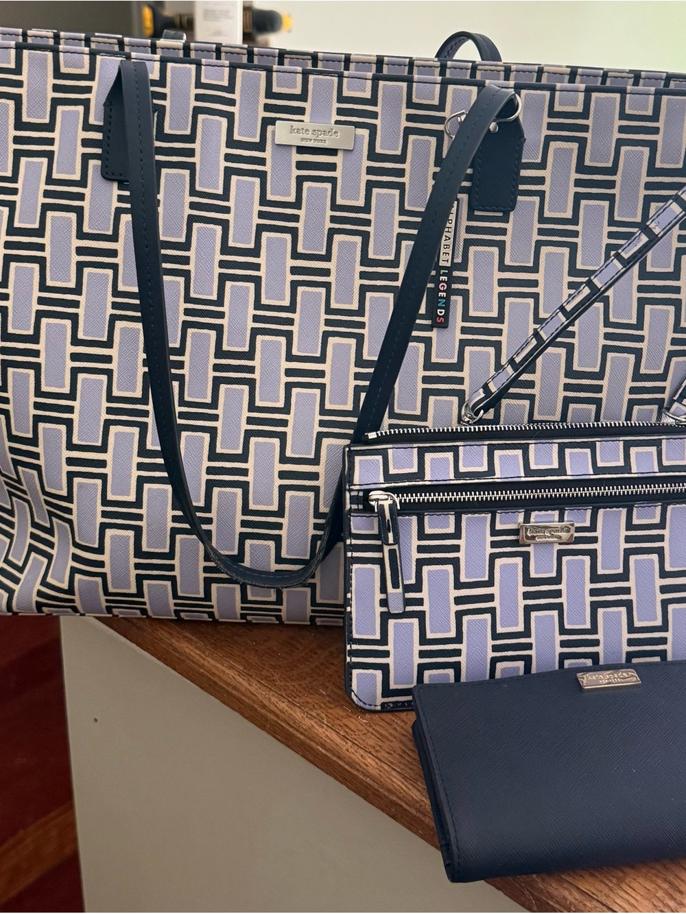 Kate Spade Bundle! Navy and Cream Geometric Tote, Wristlet, and Wallet.